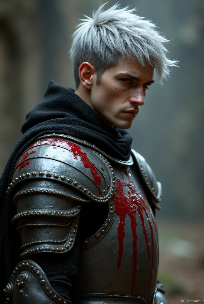 {{Masterpiece, best quality, oil painting, by Franz von Stuck, by Gustave Moreau}}, ((((((the full body portrait of a 30 year old male cyborg, manly, tall, young, he has silver hair, scarred face, sullen, arrogant, haughty, majestic, furious)))))), (((He is splattered in blood, wearing a blood covered cyborg plate armor, with a red diamond shape on his chest))). (((burning Jungle, covered in blood background)))