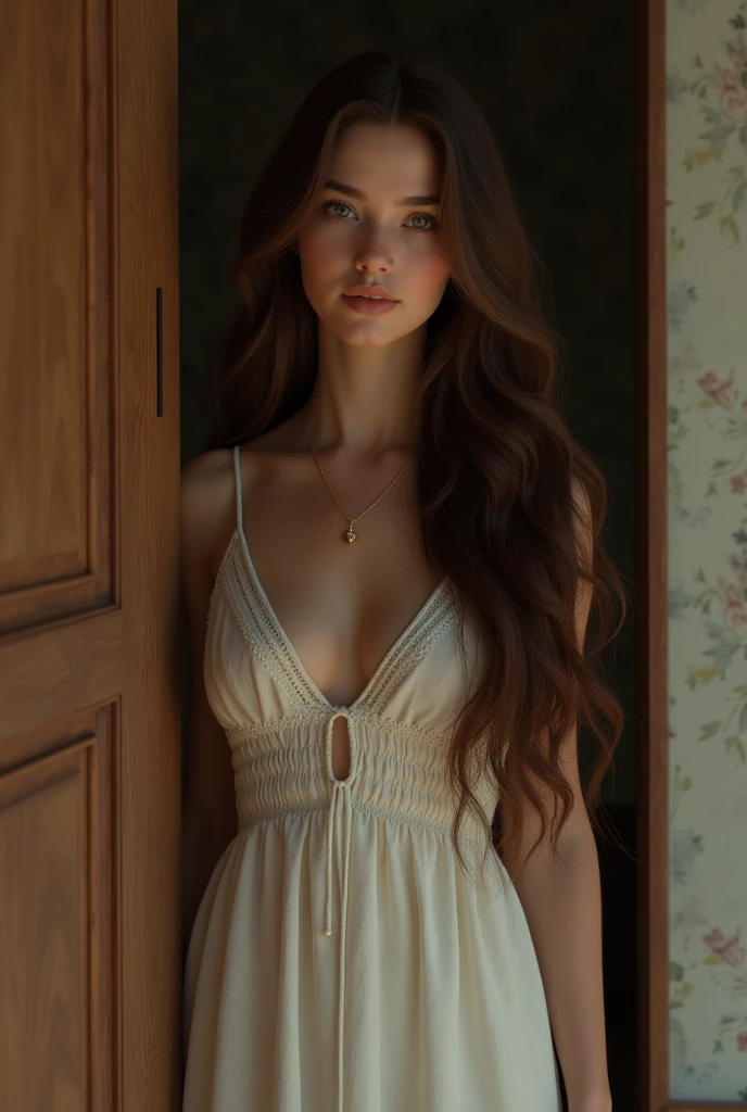 fot, taken from a distance seen full length, Female model, She is very young, in the bedroom, jeans, white blouse, sexly, medium hips, Caucasian skin, sad for a lost love, long brown hair, a softened wry smile - contained excitement, Soft lighting on your face, realistic skin-clothes-hair textures, sky blue eyes carpeted mist, beautiful real textures and delicate aesthetics, full body view, dancing in the hall, notable for natural feminine beauty, noise, 8 k quality, FOTO RAW, by professional photographer, rule of thirds, Extremely Detailed
