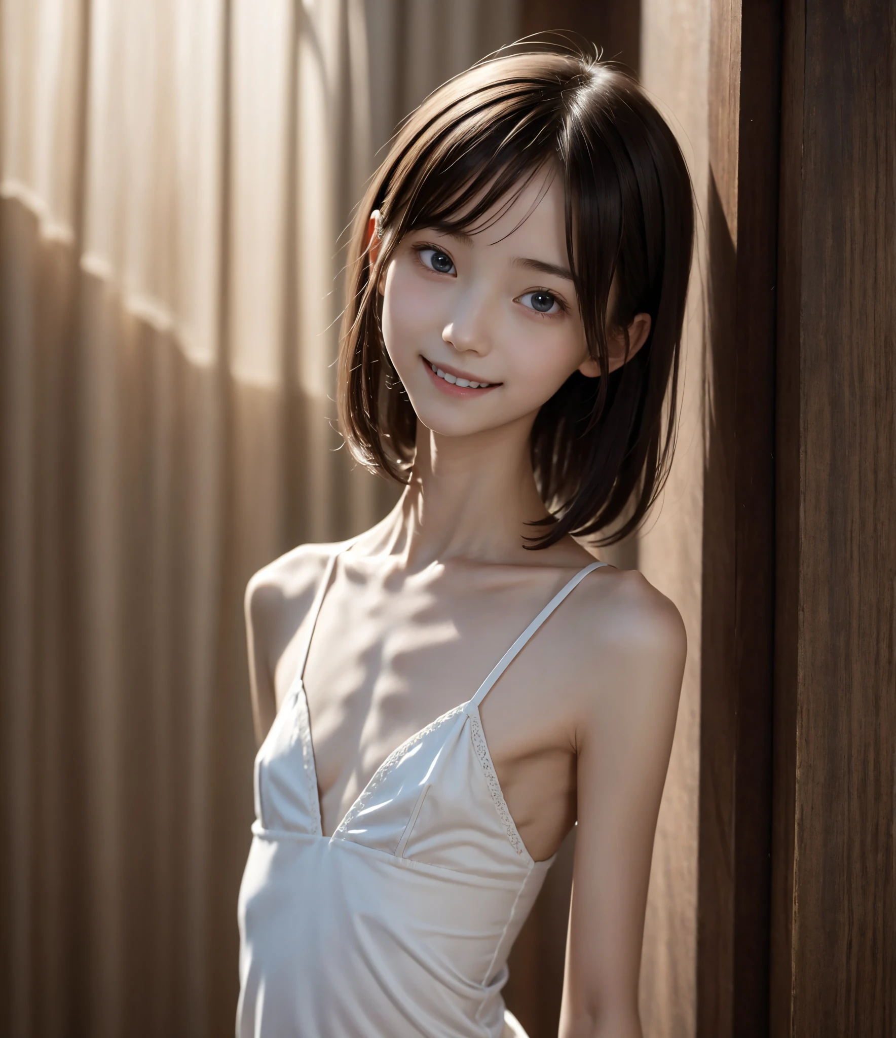 Thin arms,Narrow shoulders,delicate, very skinny ,Small Ass, flat chested,公式art,  Unity 8K Wallpaper,  super detailed, beautiful, beautiful, masterpiece,  best quality, Darkness,  vibe, mystery, Romanticism, Creepy, literature, art, fashion,  victorian , race,  supernatural ,smile, white skin