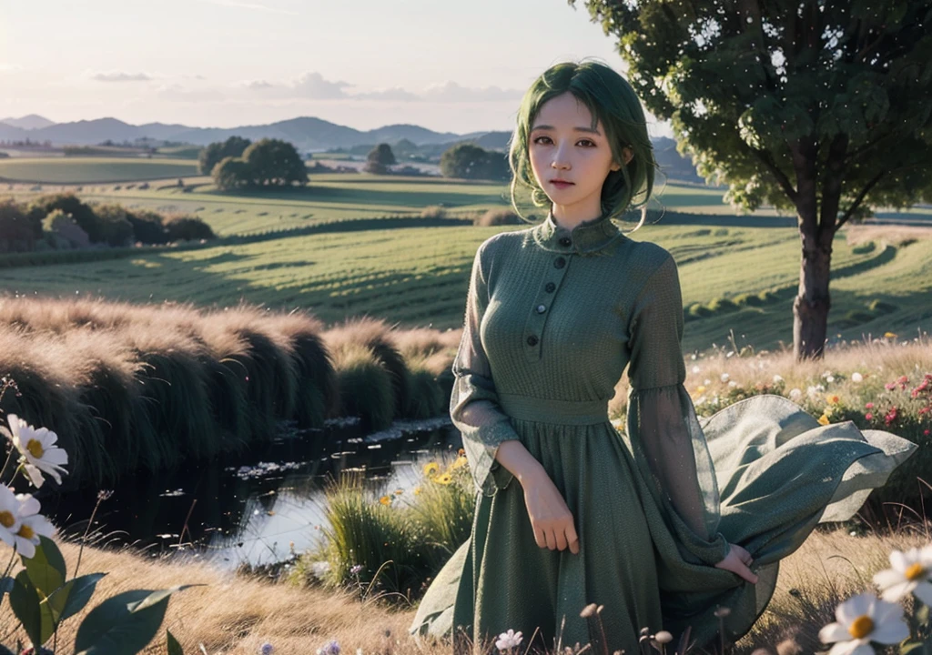 Create a realistic image of Sylphiette from Mushoku Tensei: Jobless Reincarnation standing in a peaceful countryside. She has long, green hair that flows gently in the wind, wearing a simple, modest dress. Her expression is soft and gentle, with a hint of shyness in her bright, emerald eyes. She stands in a grassy field with a backdrop of rolling green hills, a few trees, and a distant village or cottage. The sky is clear, with a warm, golden glow from the setting sun casting soft shadows. Sylphiette’s hair moves gently in the breeze, and the soft fabric of her dress sways in the wind. A sense of tranquility and calm surrounds her, and subtle details like flowers and butterflies in the foreground add to the peaceful atmosphere. The scene should convey the simplicity and beauty of rural life, with Sylphiette appearing at peace in her natural surroundings