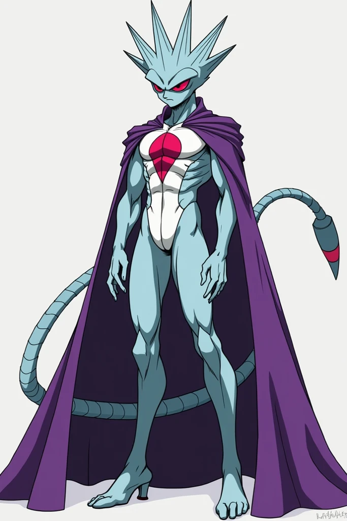 Draw in the style of Hazbin Hotel, a man of Frieza's race, with a face with fine features, tall, red iris, sky blue skin, with a white biosuit, his head has spikes that form a crown, muscular legs and large feet . with 3 fingers, elastic tail, wearing a purple cape, full body.