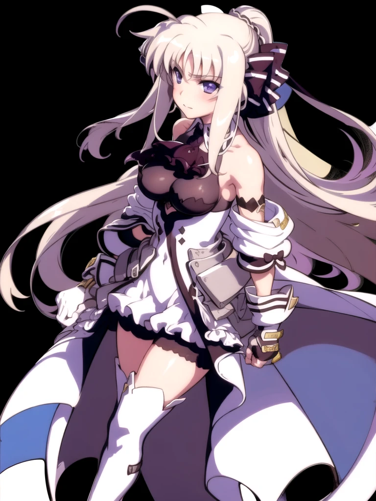 indoor, Arena, full body,
did_BJ,  1 girl, (( thigh-length boots )), Long Hair,  purple eyes,  ascot, breast, Gloves,  watching viewers, ((white  thigh-length boots)),  Ahoge, fingerless Gloves, Absolute territory,  bare shoulders,  standing, very Long Hair, Clenched hands,  skirt,  dress, black Gloves, medium breast, ribbon, black  ascot ,  hair ribbon, hair bow,  ponytail, bow, bangs,  Puff Sleeves,
