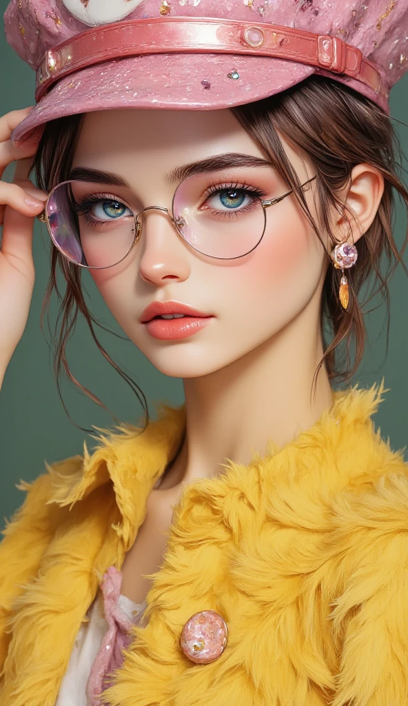  Close-up of a person wearing a hat with shiny pink sequins and round soft pink glasses holding their glasses with one hand and the other in one of their braids, Put your lips as if you were going to kiss painted with pink glitter  ,  on her fingers she wears rings she wears a furry yellow fur coat ,  earrings with panda bears ,  she wears disheveled bangs and two twin braids on the sides of her shoulders ,  her eyes wide open beautiful and tender cyan she is European , olive green background  .,  digital art inspired by Yanjun Cheng  , tumblr, arte digital,  beautiful art style , Realistic kawaii portrait , beautiful digital art, lindo colorido adorable,  artwork in the style of Guweiz  , cute cartoon style,  detailed and cute digital art  , guweiz,  realistic painting of a pretty girl  , cute kawaii girl  , Beautiful cartoon