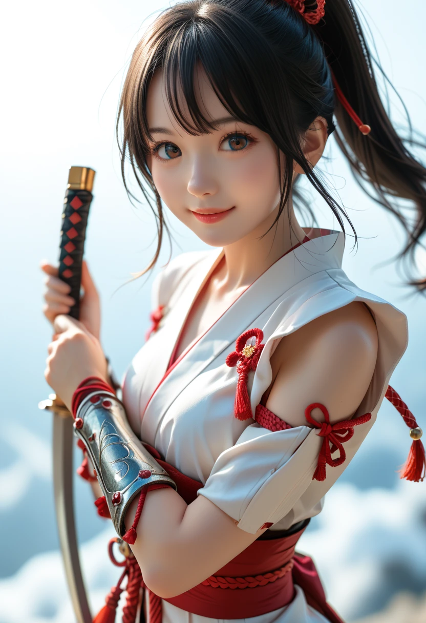 ((photo)),(((masterpiece))),(((highest quality))),((Super fine)),(Highly detailed CG illustrations),((Very delicate and beautiful)),(Delicate and cute face),8k,Cinematic Light,1girl,cowboy shot,White background, Adorable and cute smile, Dynamic pose, Cute and beautiful Japanese like an idol, Thighs, Look at viewer, Stunning face, Brightly lit studio shot style, 22-years-old Japanese woman with a lovely smile, Samurai, Female warrior, Japanese-style-swordsman, Japanese-style armor, two Japanese swords in each hand, Black hair, Ponytail hair, Polite,