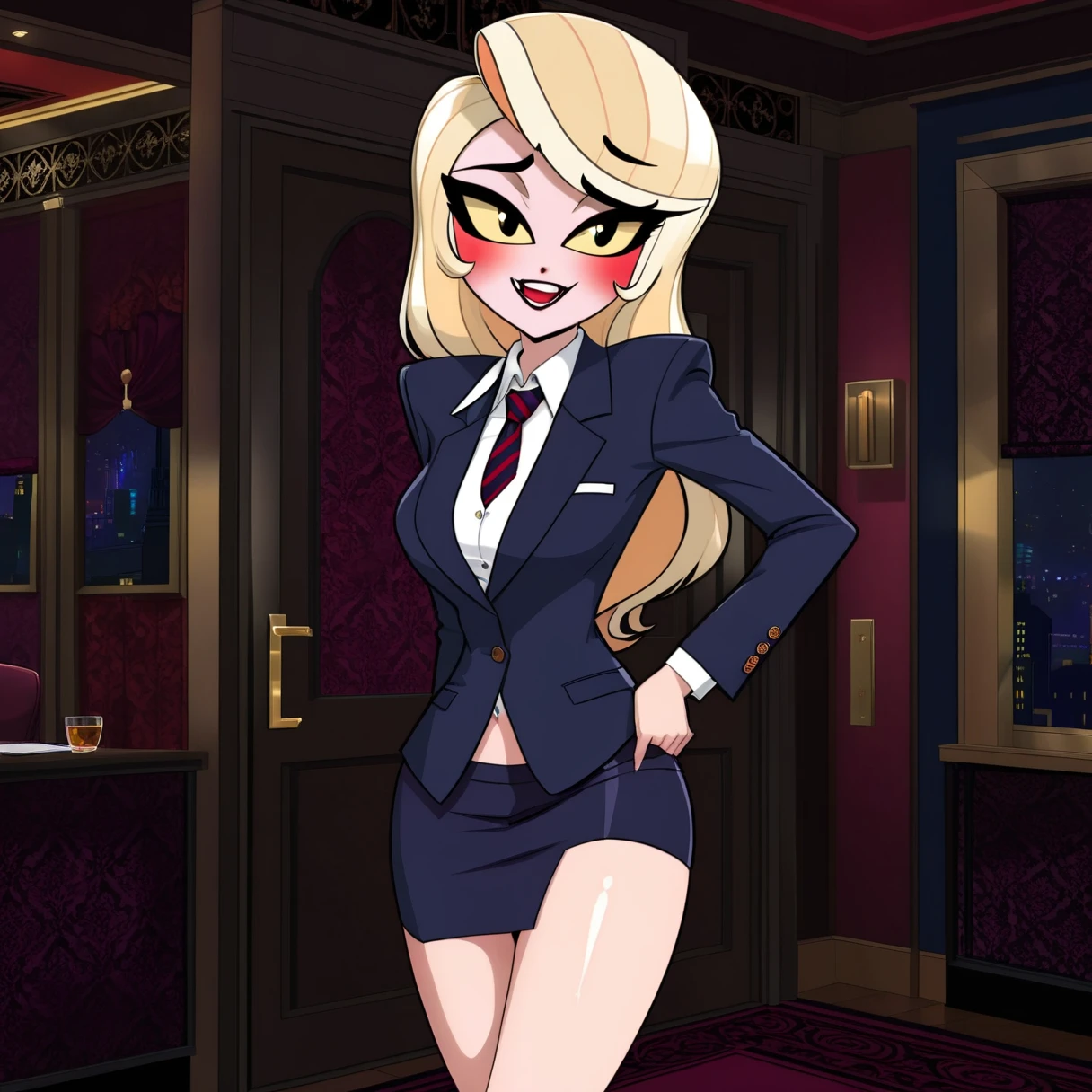 Charliza , 1 girl,  negro_eyes,fangs,   room,, score_9,  score_8_above,  score_7_above,, Turgid breasts, slender figure, make above, eye shadow, eyeliner, mask,  long eyelashes , 1 girl solo,  squinted eyes mischievous smile looking at the spectator, (((Skirt suit))), ((( three-piece suit ))), (((Dress shirt))), (((tie))), ((( navy blue jacket ))), (((suit jacket))), ((vest)), double-breasted vest, (((Bodycon Mini Skirt))),  pocket scarf , twins, tie clip , source_ hairy, tailor made suit, businesswoman, bright clothes, crouching,   with high heels ,  avsugning, Oral sex, deepthroat, fellatio,  solo scene , saliva, running mask,  blow blow ,  several men , shit face, orgy,  multiple penis ,  naked men ,  vaginal sex , sex scene,  sex with spoon , Rostizar 