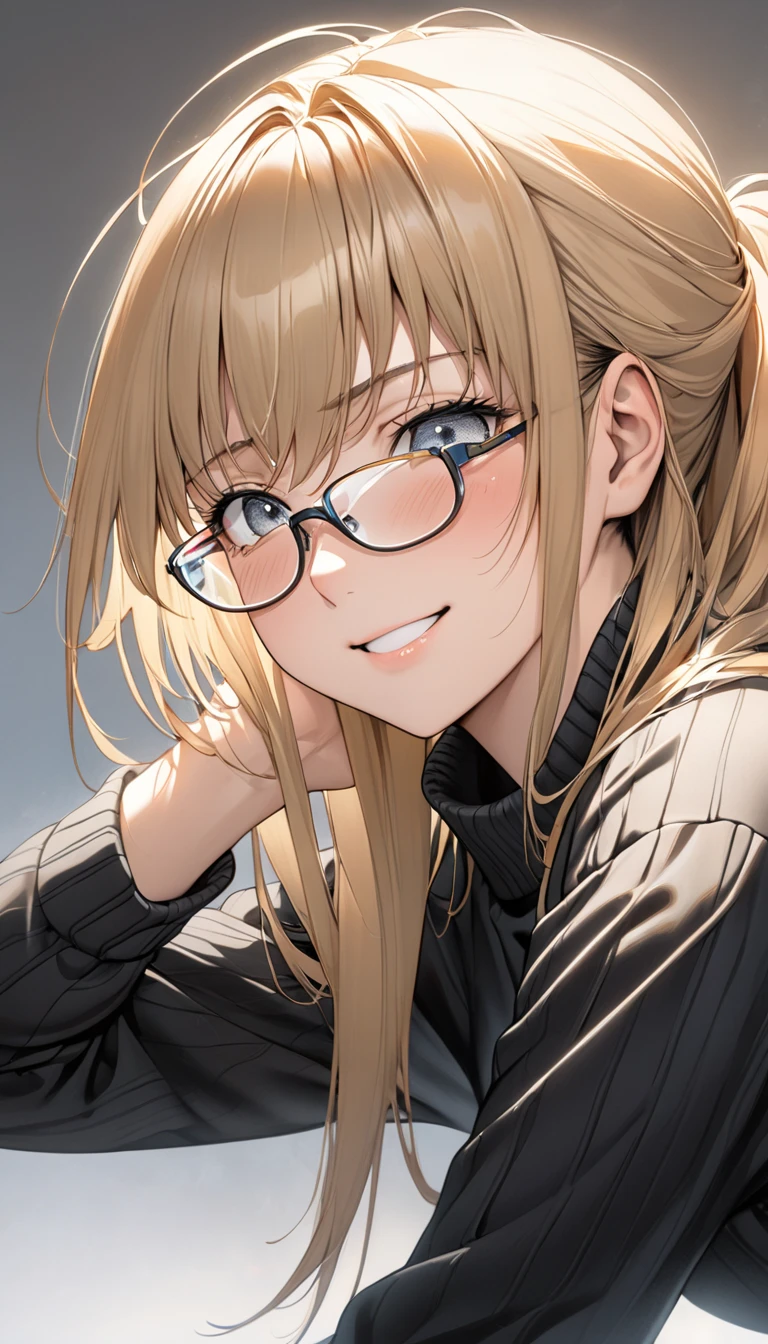masterpiece, Concept Art, Close-up shot, Portraiture, Are standing, One girl, melania, Reverse 1999 ,Small face, Glasses, Long blonde hair, leather jacket, Black Skirt, (Black leggings)、Knee-high boots, Background of the museum
