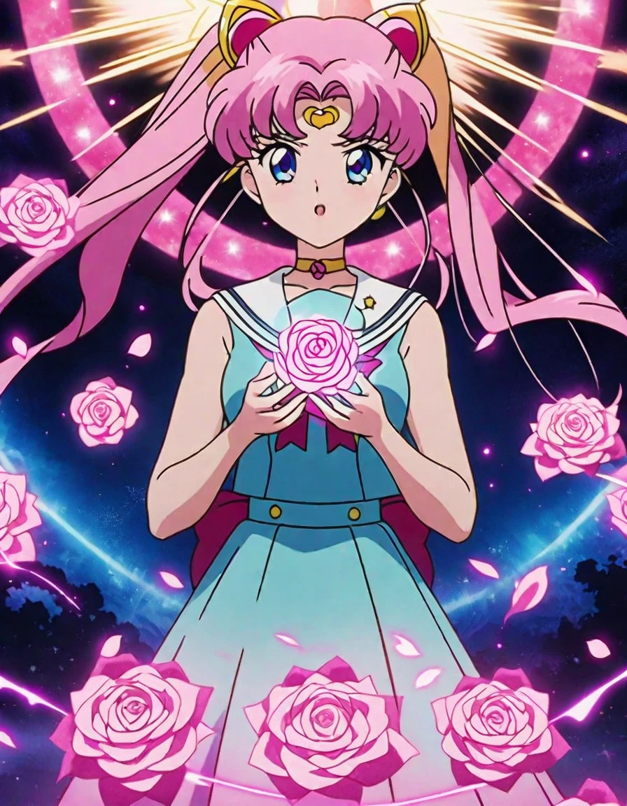 there is a pink Rose with a starburst in the background, melanchonic Rose soft light, Magic Flower, Rose background, Background artwork, Shiny delicate flowers, beautiful anime, pink Rose, 🌺 society, Magic Background, Glowing Flower, Rose, anime wallpaper 4k, anime wallpaper 4k, Sailor Moon. beautiful, Created by Anime Painter Studio, 