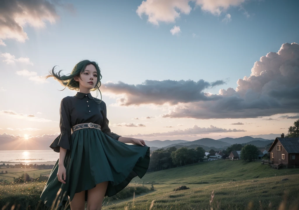 Create a realistic image of Sylphiette from Mushoku Tensei: Jobless Reincarnation standing in a peaceful countryside. She has long, green hair that flows gently in the wind, wearing a simple, modest dress. Her expression is soft and gentle, with a hint of shyness in her bright, emerald eyes. She stands in a grassy field with a backdrop of rolling green hills, a few trees, and a distant village or cottage. The sky is clear, with a warm, golden glow from the setting sun casting soft shadows. Sylphiette’s hair moves gently in the breeze, and the soft fabric of her dress sways in the wind. A sense of tranquility and calm surrounds her, and subtle details like flowers and butterflies in the foreground add to the peaceful atmosphere. The scene should convey the simplicity and beauty of rural life, with Sylphiette appearing at peace in her natural surroundings