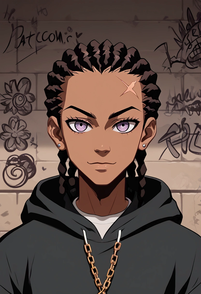  
(foco frontal), (8k, 4k, intricate),(closeup-shot:1), (highly detailed:1.2),(((detailed background:1.2,graffiti walls, apocalyptic alleyway)))different colors eyes{{{dark green and violet))), dark skinned pretty boy with ear piercings standing for a photo, a cartoon picture of a person with a dark grey hooded  and a golden chain-necklace , scar on right cheek of his face, trigger anime artstyle, in an anime style, demon slayer rui fanart, lil uzi vert, unknown artstyle, 2 d anime style, in style of tyler mitchell, anime style character, ufotable art style, portrait of apocalyptic bandit, he wears an torn up hoodie, black shirt with patches, detailed hairstyle((faded haircut, braided dreadlocks))detailed character portrait, portrait of a athletic male character, colored sketch, demon slayer rui fanart, unrealistic character concept , apocalyptic desert, apocalyptic background, night time), Masterpiece, best quality, {best quality}, {{masterpiece}}, {highres}, focus, anime style, baggy eyes,, smiling,, African-American model,, colored sketch, fanart, digital art from danganronpa, drawn in the style of mark arian, androgynous black boy who looks like Lucio, stylized portrait, solo portrait 🎨🖌️, a character portrait