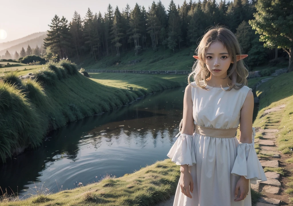 Create a realistic image of Sylphiette from Mushoku Tensei: Jobless Reincarnation standing in a peaceful countryside. She has long, green hair that flows gently in the wind, wearing a simple, modest dress. Her expression is soft and gentle, with a hint of shyness in her bright, emerald eyes. She stands in a grassy field with a backdrop of rolling green hills, a few trees, and a distant village or cottage. The sky is clear, with a warm, golden glow from the setting sun casting soft shadows. Sylphiette’s hair moves gently in the breeze, and the soft fabric of her dress sways in the wind. A sense of tranquility and calm surrounds her, and subtle details like flowers and butterflies in the foreground add to the peaceful atmosphere. The scene should convey the simplicity and beauty of rural life, with Sylphiette appearing at peace in her natural surroundings