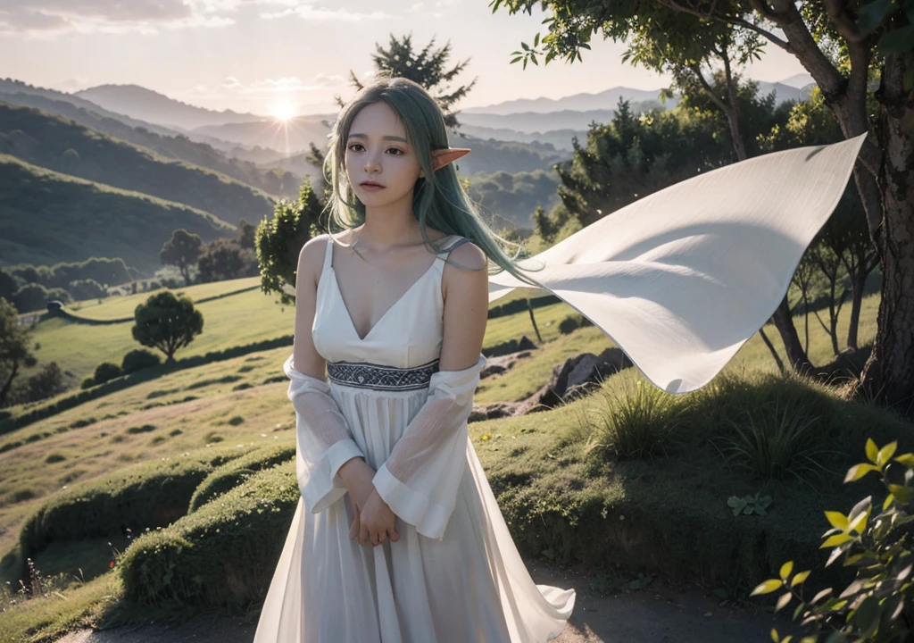 Create a realistic image of Sylphiette from Mushoku Tensei: Jobless Reincarnation standing in a peaceful countryside. She has long, green hair that flows gently in the wind, wearing a simple, modest dress. Her expression is soft and gentle, with a hint of shyness in her bright, emerald eyes. She stands in a grassy field with a backdrop of rolling green hills, a few trees, and a distant village or cottage. The sky is clear, with a warm, golden glow from the setting sun casting soft shadows. Sylphiette’s hair moves gently in the breeze, and the soft fabric of her dress sways in the wind. A sense of tranquility and calm surrounds her, and subtle details like flowers and butterflies in the foreground add to the peaceful atmosphere. The scene should convey the simplicity and beauty of rural life, with Sylphiette appearing at peace in her natural surroundings avec un paysage de campagne