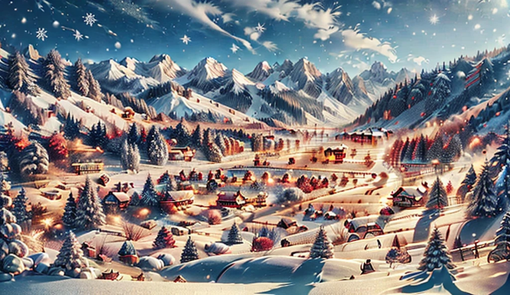 Christmas landscape, small village surrounded by mountains and pine trees, In the winter season 