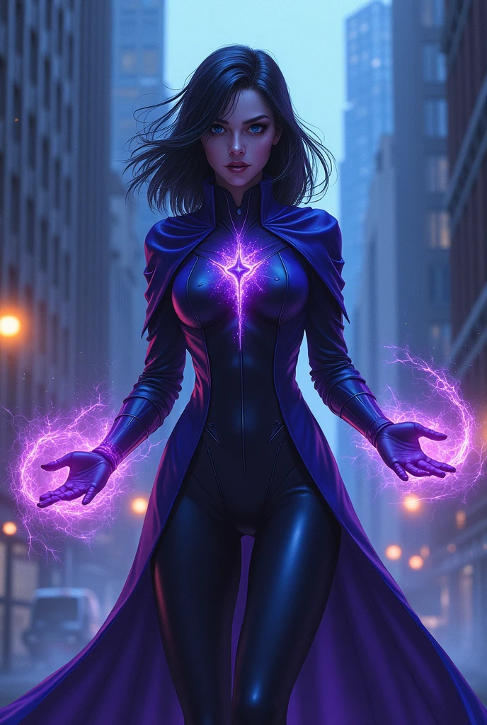 Dark purple short cropped haired villainess with magnetic powers, wearing a skintight purple and green costume and destroying a factory. Blue eyes, glossy red lips. Evil smirk. Purple magnetic energies swirl around her hands and create a protective aura around her body.  Evil wins. Humans dying.