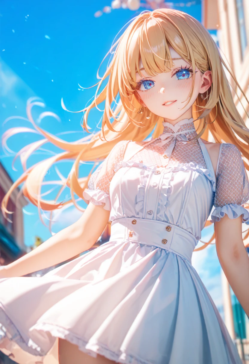 Portrait, official art, best masterpiece, best quality, best resolution, 8K, best detailed, perfect anatomy
BREAK
aizawa ema, blond hair, long hair, gradient hair, hair ornament, lace choker, black choker, bare shoulders, criss-cross halter, blue dress, frils, black bow, black gloves, thigh strap, fishnet, single thighhigh, big breasts
BREAK
cowboy shot, Portrait, look back, arms behind back, head tilt
BREAK
(happy smile), open mouth
BREAK
outdoor, city, sunlight, dust, dust, light particles, very detailed 16KCG wallpapers