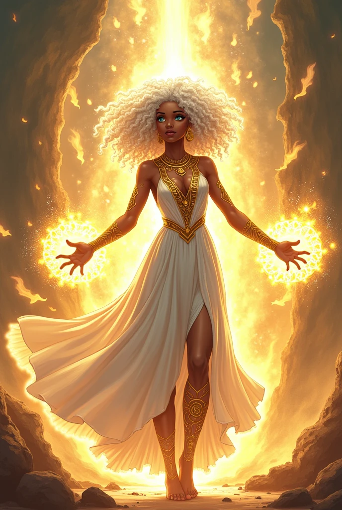 A woman with long white hair, with black skin and greek clothing with yellow eyes in a yellow setting with lightning bolts behind and coming out of his hands with the name on the side STORM 