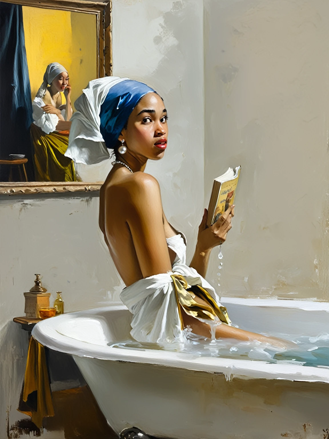 Very authentic painting by (Fabian Perez:1.3), (Henry Asencio:1.2), (Alessandro Barbucci:1.1) of a mixed woman , [A woman's head and shoulders, rendered in the style of Johannes Vermeer's "Girl with a Pearl Earring," are superimposed onto a modern photograph of a woman relaxing in a bubble bath while reading "Girls & Sex" by Peggy Orenstein. The mood is a playful juxtaposition of classical art and contemporary feminism, creating a humorous and thought-provoking image.], [digital art, photo manipulation and painting, in the style of a contemporary art meme], [Johannes Vermeer], [The color palette is a mix of the muted tones of Vermeer's painting and the brighter colors of the modern photograph and book cover. The lighting is soft and even, typical of Vermeer's style, but also incorporates the ambient lighting of the bathroom. The background is a simple, white bathroom, keeping the focus on the subject. The style is a blend of classical realism and modern photorealism, creating a unique visual effect. The texture is smooth, with a slight graininess in the Vermeer-inspired section. , on dark background, light leaks, The painting is done with loose brushstrokes and vibrant rich imperial colors. The overall mood of the painting is provocative, sensual and intimate, confident posture