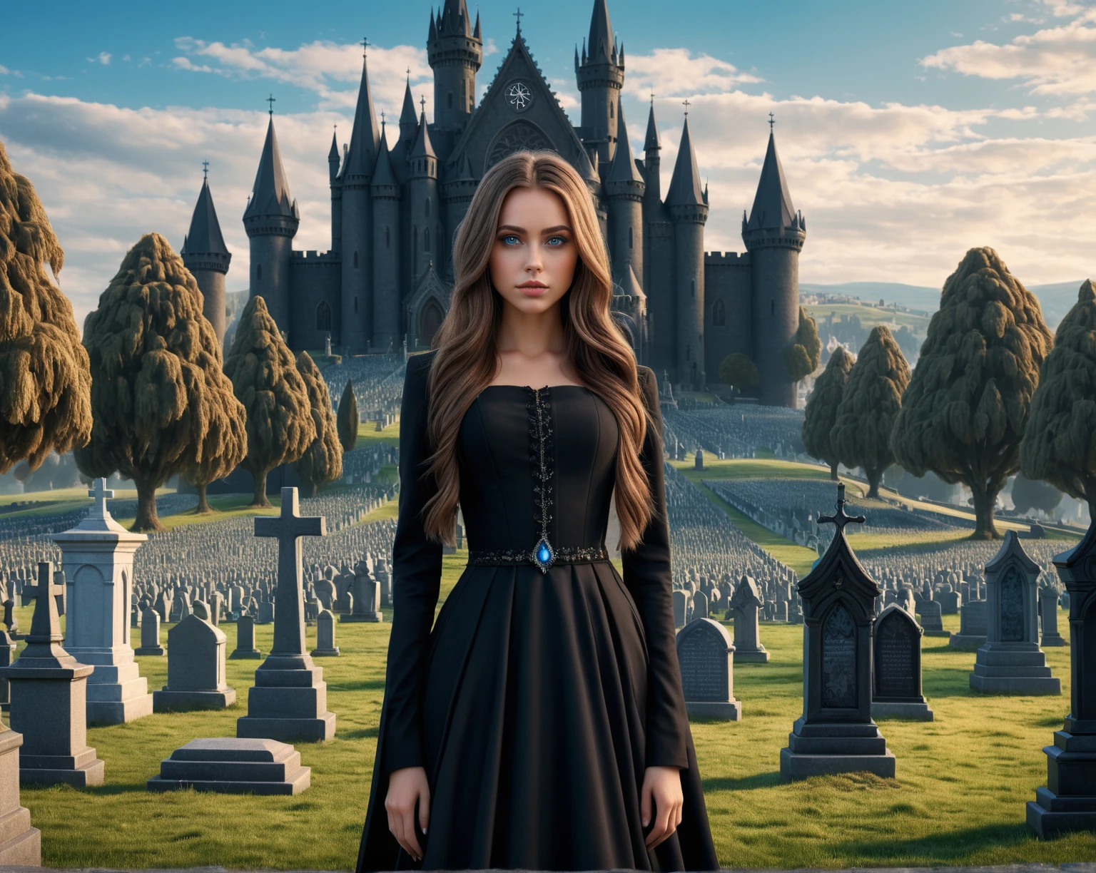  3D girl with blue eyes ,  brown long hair ,  in black modern fashionable long beautiful funeral dress is worth crying, eye snaps ,  in the foreground is a large castle with a cemetery,  ecological gothic scene ,  3D rendering and oil painting , photorealistic dark concept art ,  Highly realistic concept art ,  3d matte painting rendering , gothic church background ,  highly detailed matte painting ,  cathedral background ,  game art matte painting ,  oil painting in high detail, Hyper-detailed 3D matte painting