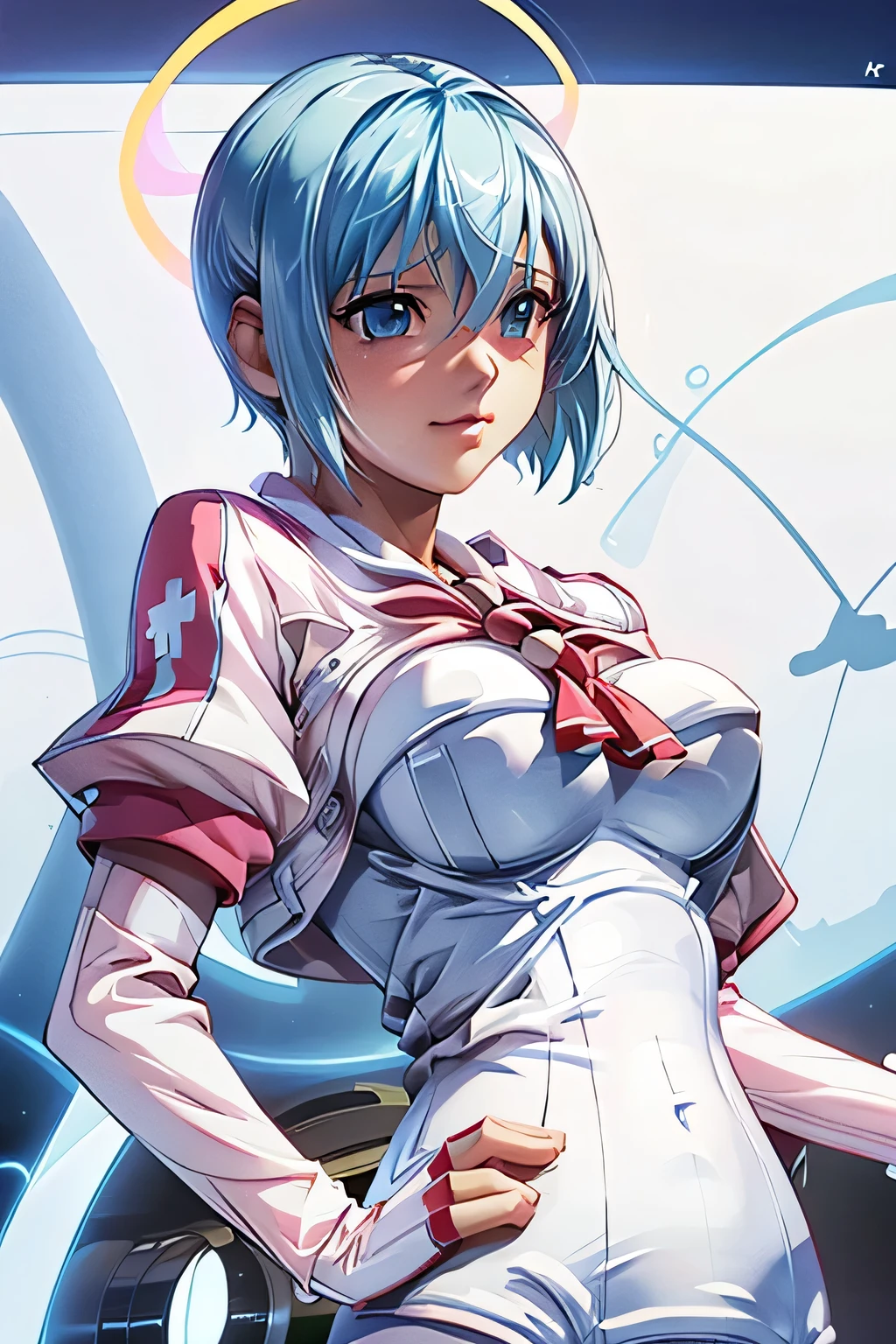  perfect anatomy　 best quality, highest resolution,(((white latex school swimsuit　 Light Blue Hair 　sweat)))　Jibril　