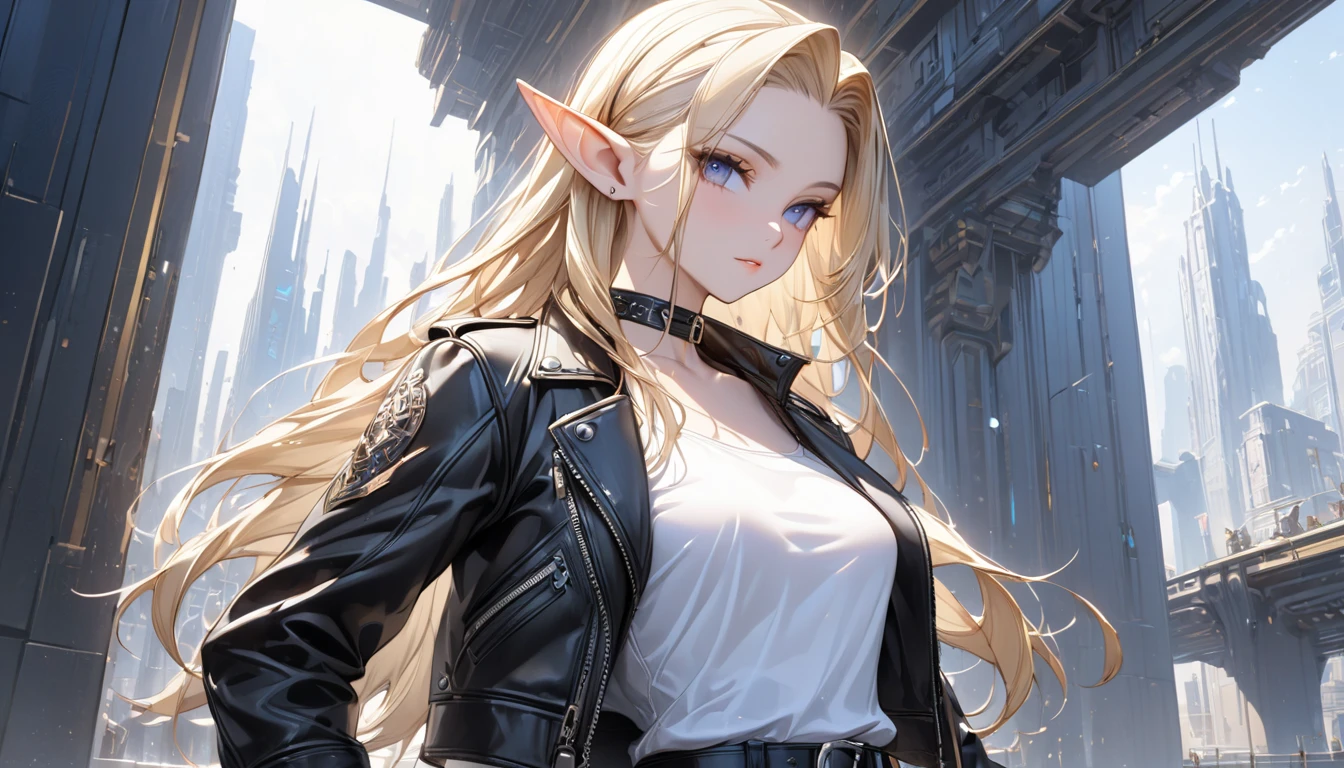 (((Best quality, 8k, Masterpiece: 1.3)), ((best quality)), ((masterpiece)), (detailed), perfect face, perfect body, (detailed skin:1.3), (intricate details), Elf, pointy ears, blonde hair, slicked back, ((Leather jacket)), white tank top, leather pants, wide belt, buckle, Choker, Sidelong glance, near-future city, Fashion model