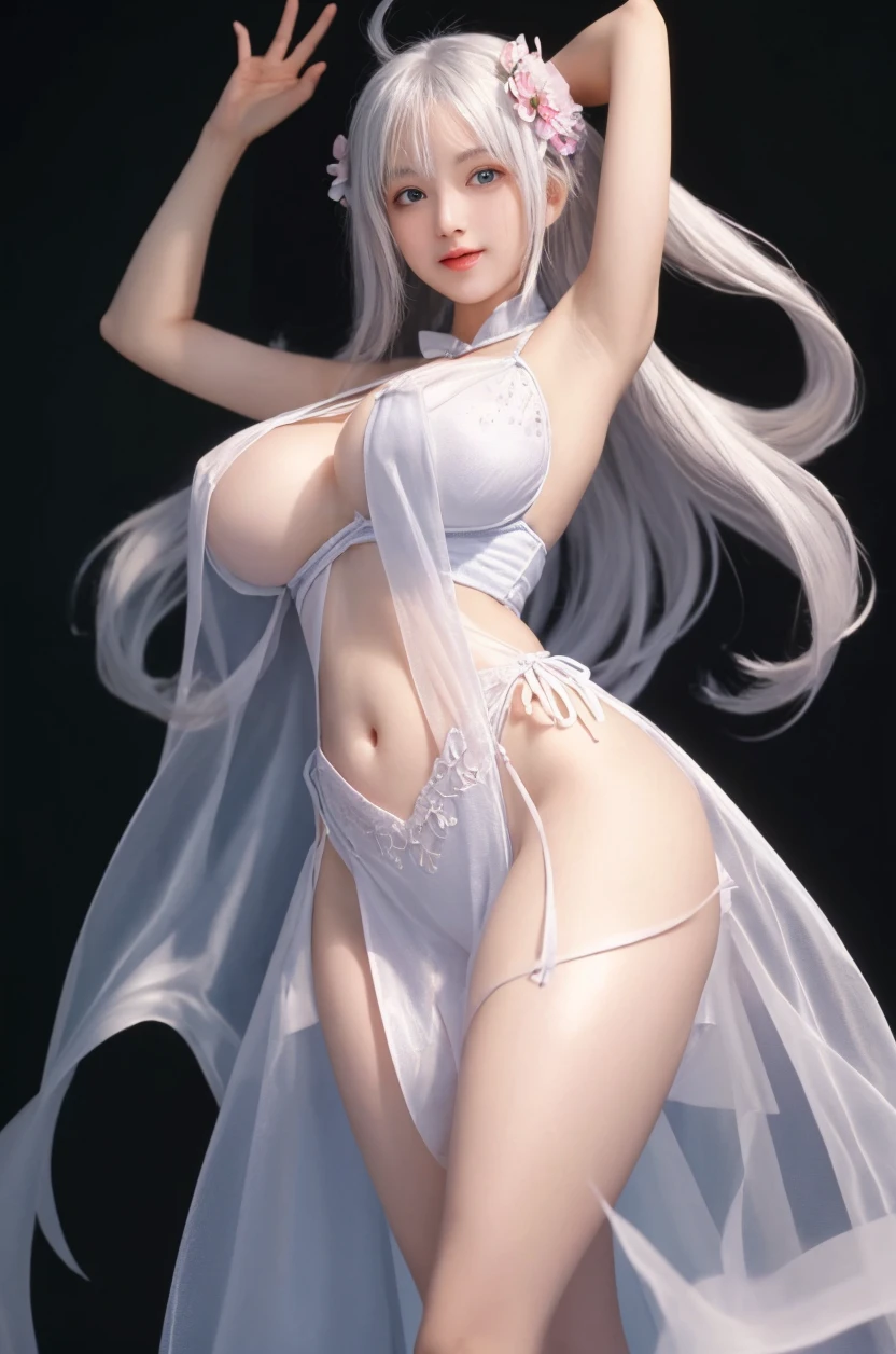 masterpiece, best quality, (extremely detailed CG unity 8k wallpaper), (best quality), (best illustration) , absurdres, realistic lighting,  beautiful detailed , 1 female, 21-year-old, ((gigantic breasts)) , bra, silver hair, hime cut, ponytail, very long hair