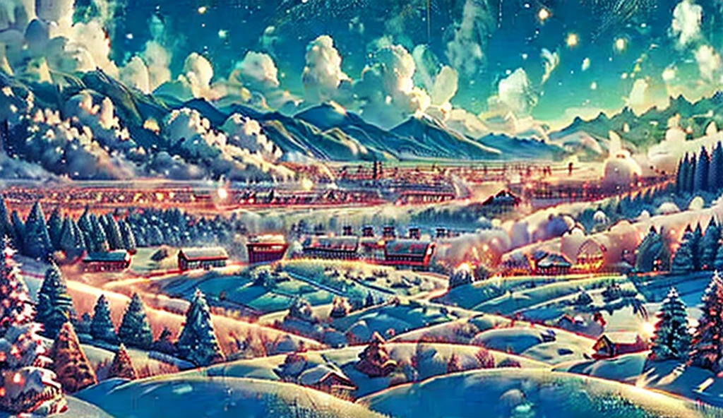 Christmas landscape, small village surrounded by mountains and pine trees, A steam train crossing the village, In the winter season 