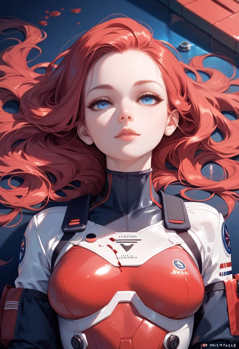 tmasterpiece,  best quality, girl, slimness,  blue eyes, Hair color,  Let your long red hair loose , white skin,  Blood vessels in your arms and chest , mediation ,  beautiful ,  sexy , near future ， Red tight combat suit