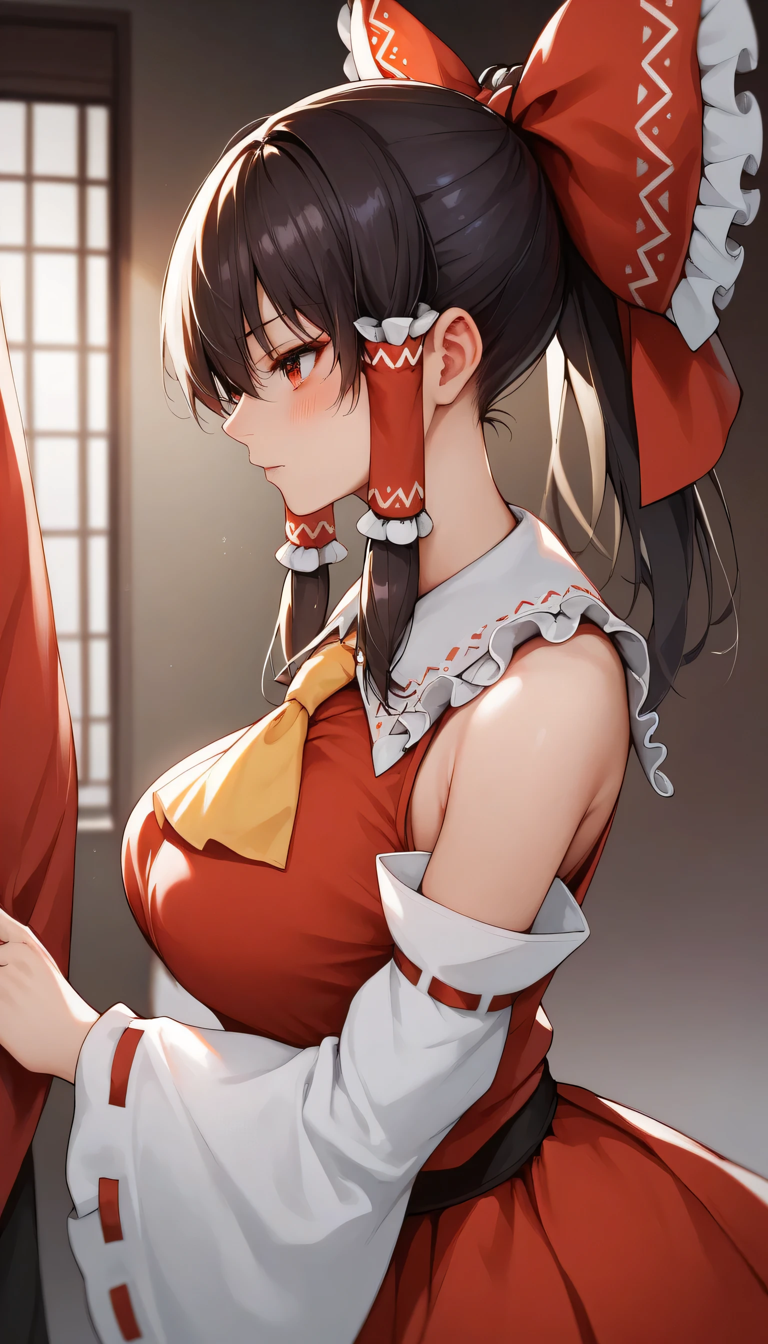  poster in a theater,  upper body, blush, profile ,(masterpiece, 1girl, solo, ,large breast ,hakurei_reimu,1girl,solo,detached sleeves,hair bow,red bow,ascot,hair tubes,skirt,frills,red skirt,yellow ascot,wide sleeves,standing,frilled bow,red shirt,frilled skirt,ribbon-trimmed sleeves,frilled shirt collar,bare shoulders,red vest,