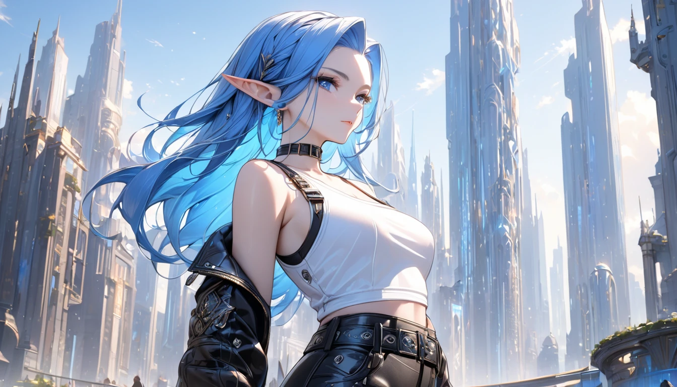 (((Best quality, 8k, Masterpiece: 1.3)), ((best quality)), ((masterpiece)), (detailed), perfect face, perfect body, (detailed skin:1.3), (intricate details), Elf, pointy ears, blue hair, slicked back, ((Leather jacket)), white tank top, leather pants, wide belt, buckle, Choker, Sidelong glance, near-future city, Fashion model