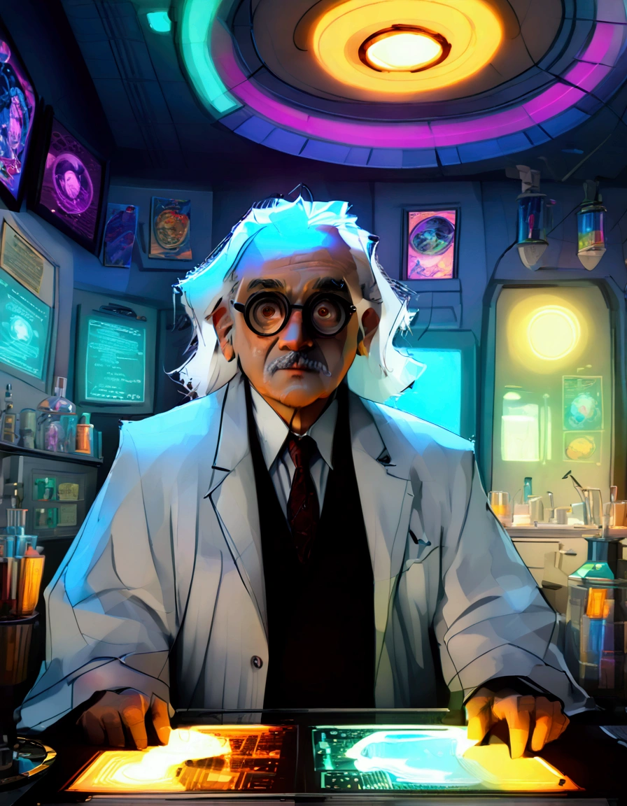 cartoon of a man in a white coat and glasses standing in a room, cyberpunk old man, he is in a alchemist lab, mad scientist, portrait of professor sinister, mad scientist working, elite scientist, danny devito as dr. eggman, inspired by Barclay Shaw, harry potter in cyberpunk, by Randy Gallegos, full color illustration, moebius comic stylet