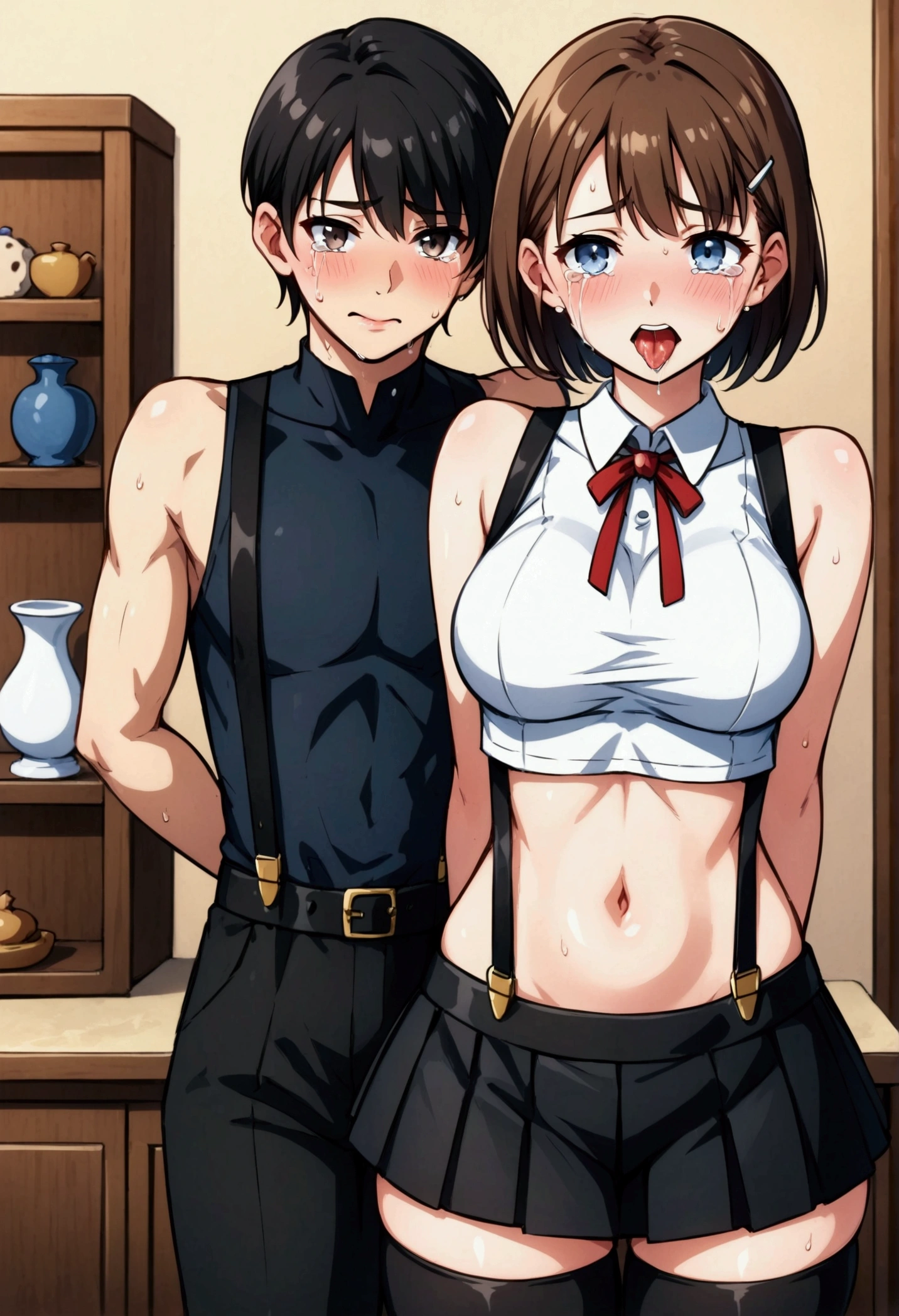 (((1boy))), (curvy, (tented costume)), (sleeveless white crop top, crop top navel, black pleated miniskirt, (suspenders)), black thigh highs, arms behind back, (Carving Waistline), class room, (cowboy shot, from front), Best Quality, Super detailed, masterpiece, Ultra-high resolution, 8k, Embarrassing, blush, Nice, sweat, (breast:0.8), (manga style), (crying, saliva, tongue)