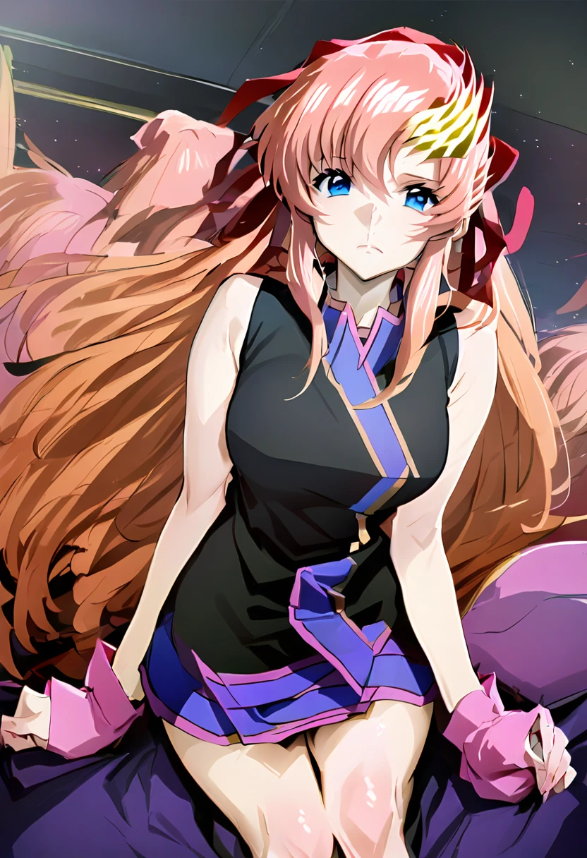 masterpiece,best quality,1girl,solo,lacus clyne,gundam seed,grey eyes,pink hair,long hair,bangs,hair ornament,japanese clothes,black sleeveless kimono,bare shoulders,red hair ribbon,spacecraft,inside the spaceship,indoors,chair,upper row,serious,sitting,arched_back,front view,full_shot,from_below,