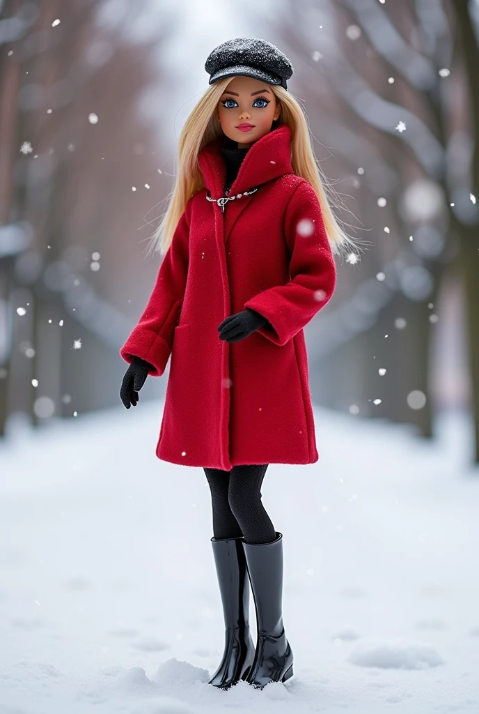 A beautiful Barbie wearing a red wool coat under the.knee, a black boot and a cap .
She's in the snow in Paris