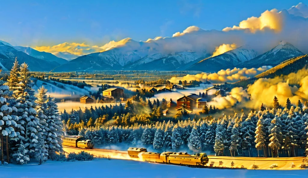 Christmas landscape, small village surrounded by mountains and pine trees, A steam train crossing the village, In the winter season 