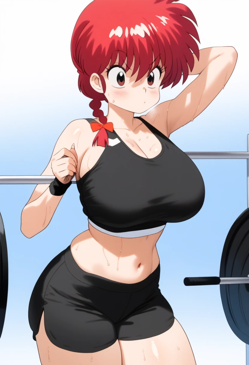  Ranma saotome , red hair, braided hair, Big boobs, NSFW, Pecho enorme, redondo,  inflated and overfilled breasts, abdomen sexy, beautiful face, pose sexy,  Beautiful woman, fullbody, workout clothes, black exercise top,  black shorts,  bare navel ,  thick thighs , sweat,  value leaving the body