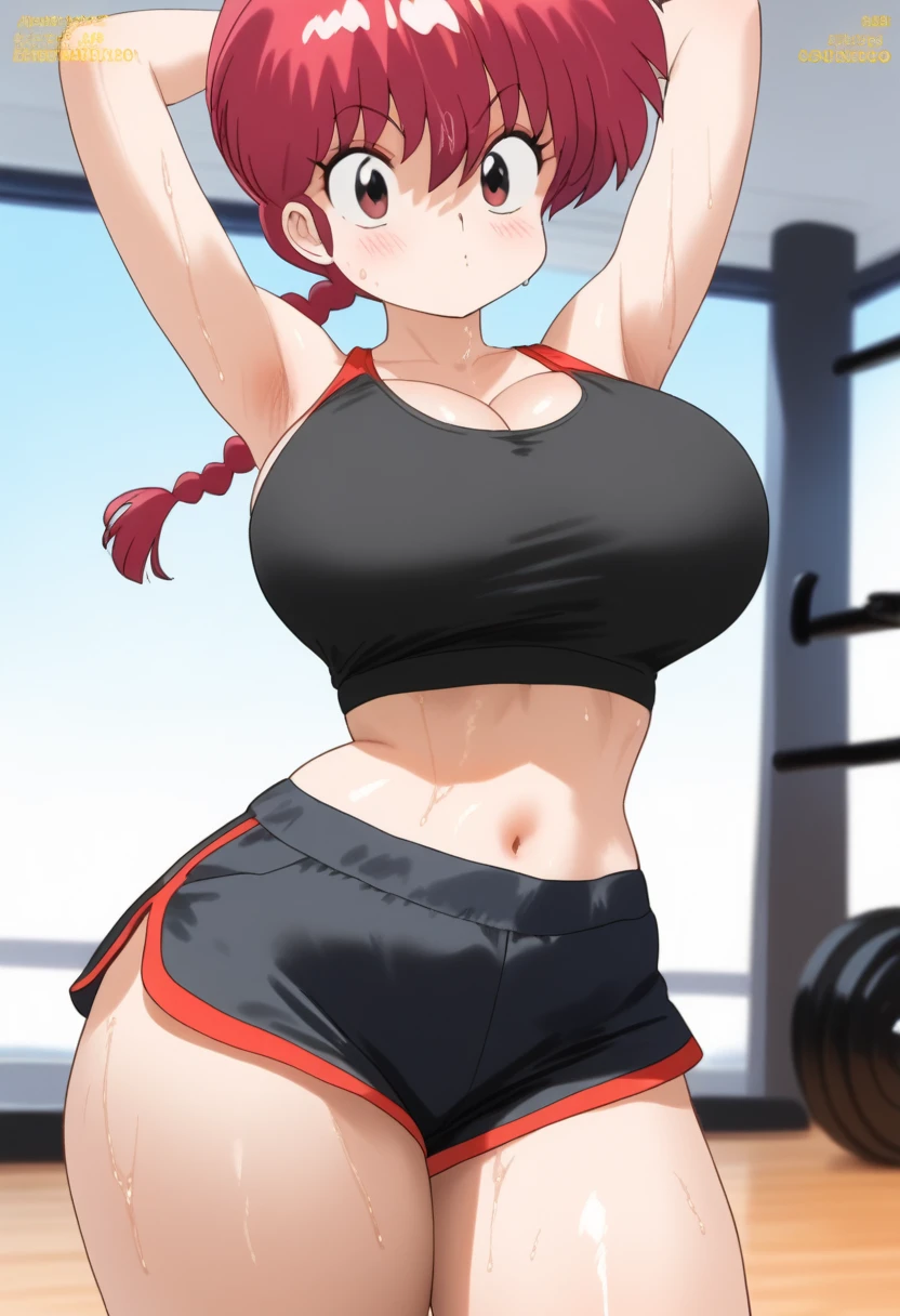  Ranma saotome , red hair, braided hair, Big boobs, NSFW, Pecho enorme, redondo,  inflated and overfilled breasts, abdomen sexy, beautiful face, pose sexy,  Beautiful woman, fullbody, workout clothes, black exercise top,  black shorts,  bare navel ,  thick thighs , sweat,  value leaving the body, strong abdomen and marked 