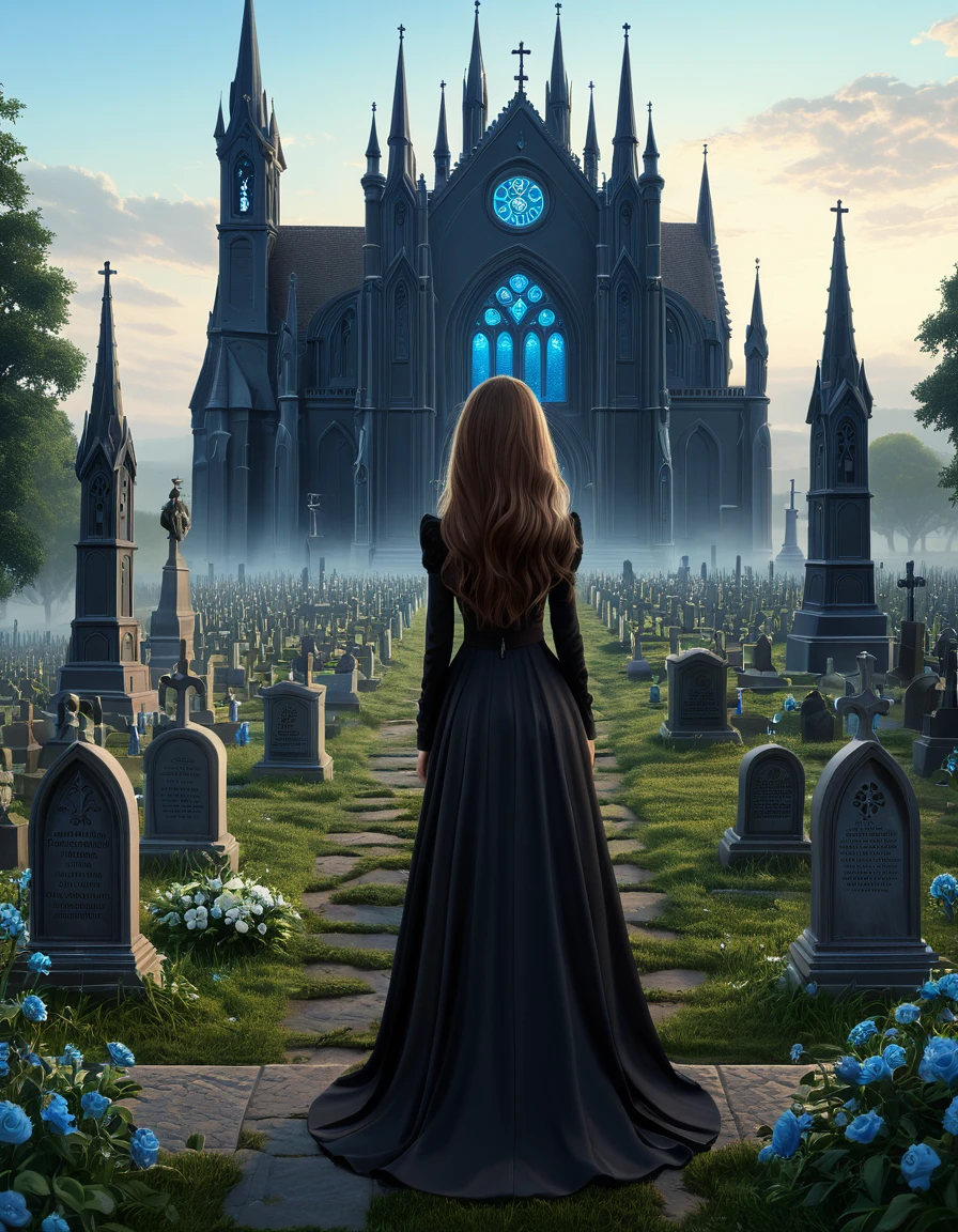  3D girl with blue eyes ,  brown long hair ,  in black modern trendy long beautiful funeral dress is worth crying, eye snaps ,  in the foreground is a large castle with a cemetery,  ecological gothic scene ,  3D rendering and oil painting , photorealistic dark concept art ,  Highly realistic concept art ,  3d matte painting rendering , gothic church background ,  highly detailed matte painting ,  cathedral background ,  game art matte painting ,  oil painting in high detail, Hyper-detailed 3D matte painting, computer game scene ,wlop and andrei riabovitchev , charlie bowater и artgeem,  Edmund Blair and Charlie Bowter  , seductive cyberpunk dark fantasy,  High resolution commission , style of charlie bowater, Чарли Боуотер и Том Бэгшоу  realistic image , masterpiece,  artwork,  hyperrealistic , rendering ,  realistic physical rendering ,  photorealistic rendering ,  highly detailed ,  high-quality render ,  architectural rendering ,  very realistic 3D render ,  realistic image 