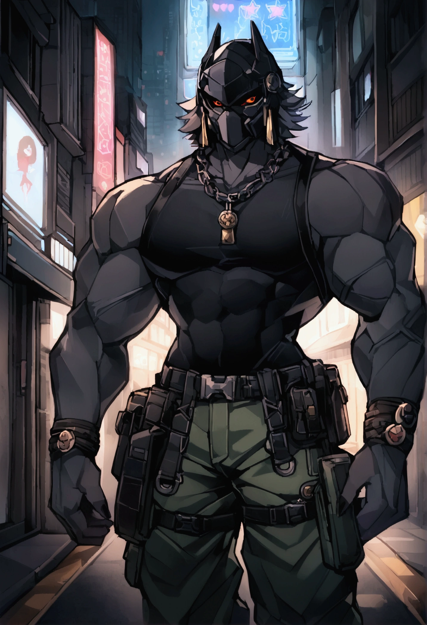 (by null-ghost, by darkgem, by kumak), (black wargreymon), black skin , black helmet, black mane, safe, markings, black sclera, yellow eyes, male, solo, black sleeveless sweatshirt, cargo pants, solo, muscular, colar, fancy, night, city, tokyo, street, akihabara, neon lights, ambient light, close up shot, ground level shot