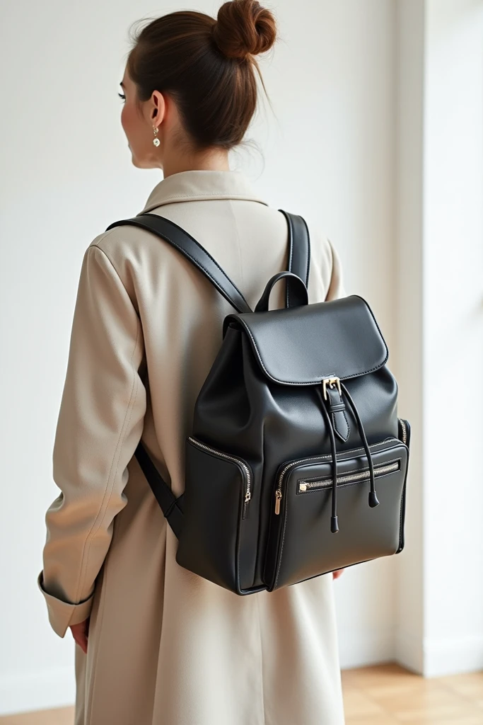 A woman in a white blouse and black skirt is carrying a backpack, mochila, uma mochila, com uma mochila, mochila escolar, com dois bolsos frontais, mochila quadrada, Sacos, Acentos escuros, foi', solid ash, Nice huge hardware bags, tela cinza, dois - tom, detalhes sutis, Fotografia de paisagem, um homem usando uma mochila, medium details, sharpened details