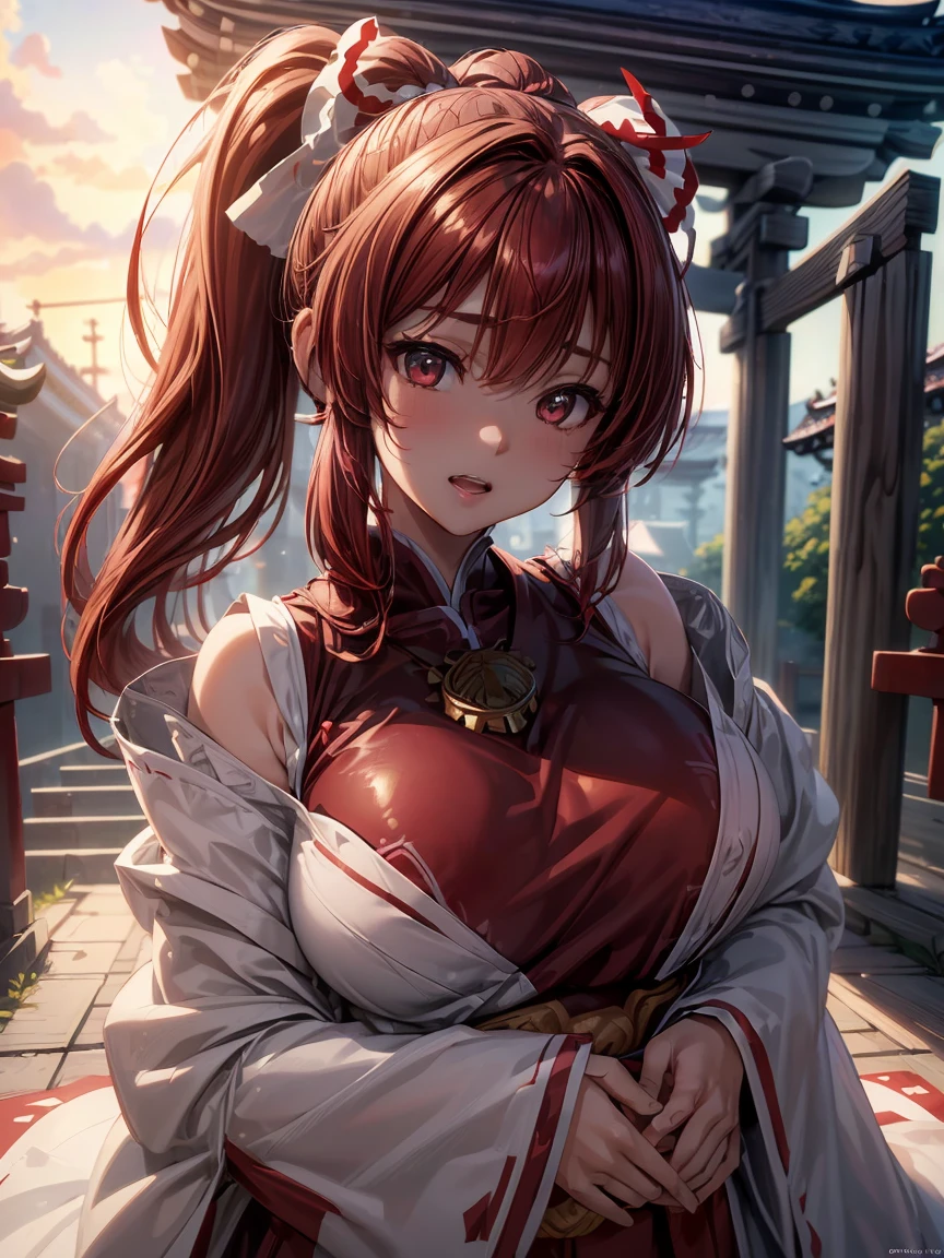  Extremely Detailed CG Unity 8K Wallpaper , Beautiful paintings, (( dark red hair 、 Left Side Ponytail )), (( almond-shaped eyes :1. 4)),  shiny hair, Thick bangs, (( showing white teeth : 1. 2)), ((Image Processing Algorithms:1.5)),  high pixel density in front of the copier、 beautiful and exquisite eyes 、 best quality, Ultra-clear illustrations、 High Contrast、Color tone correction、 super realistic oily skin and glossy skin, Detailed fabric texture,  physically-based rendering 、 retina、 ray tracing,  RAW photo, Natural Frontal Light 、Accurate Fingers,  anatomically accurate, 
break、
((  upper body close-up  :1.2)), ((Shrine maiden costume))、((In front of the shrine))、 Sunset、