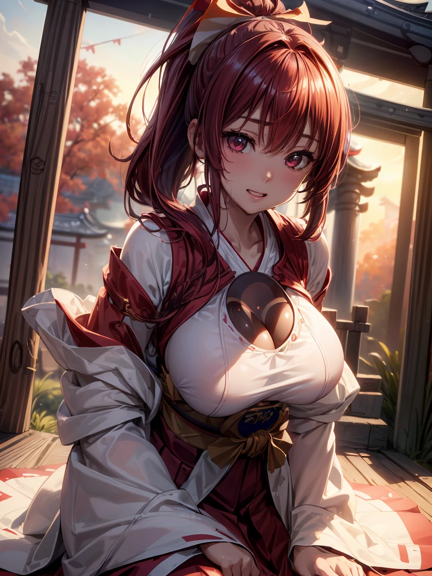  Extremely Detailed CG Unity 8K Wallpaper , Beautiful paintings, (( dark red hair 、 Left Side Ponytail )), (( almond-shaped eyes :1. 4)),  shiny hair, Thick bangs, (( showing white teeth : 1. 2)), ((Image Processing Algorithms:1.5)),  high pixel density in front of the copier、 beautiful and exquisite eyes 、 best quality, Ultra-clear illustrations、 High Contrast、Color tone correction、 super realistic oily skin and glossy skin, Detailed fabric texture,  physically-based rendering 、 retina、 ray tracing,  RAW photo, Natural Frontal Light 、Accurate Fingers,  anatomically accurate, 
break、
((  upper body close-up  :1.2)), ((Shrine maiden costume))、((In front of the shrine))、 Sunset、