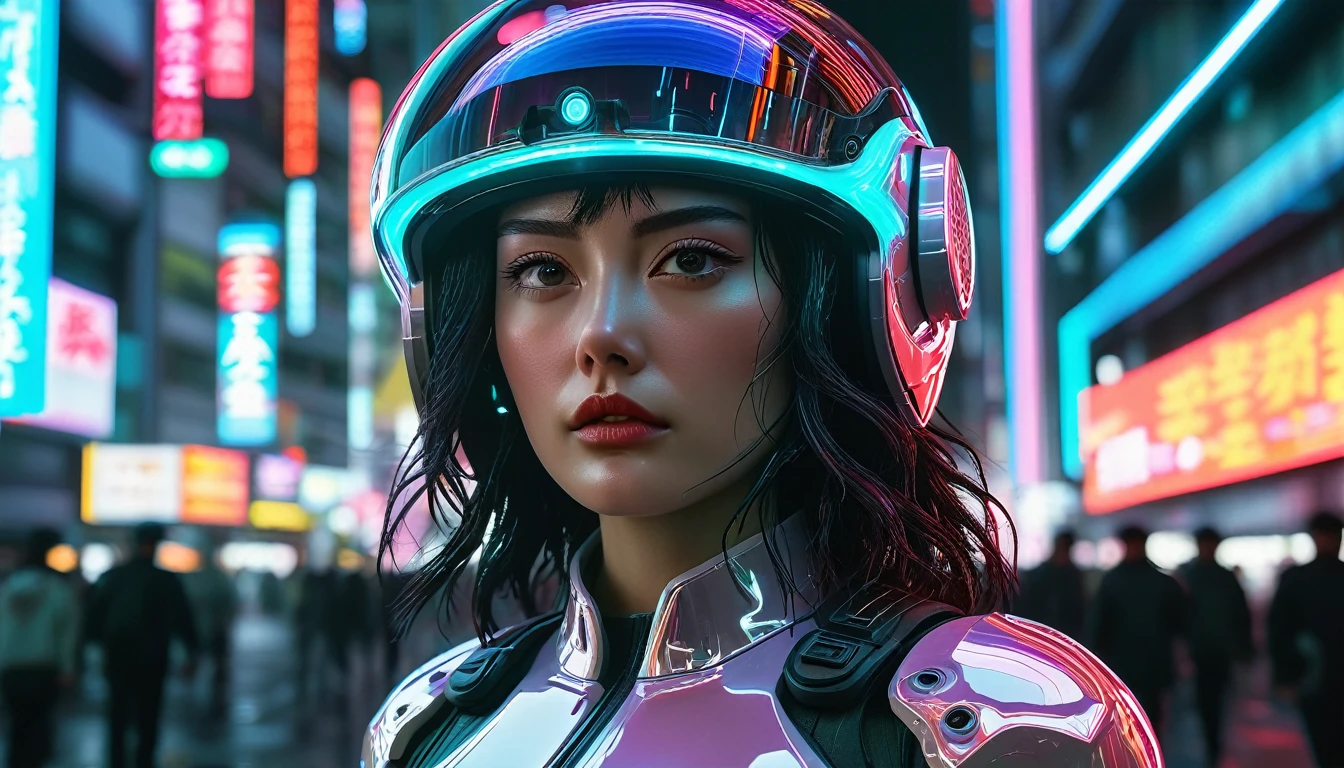  A beautiful woman，Wearing a translucent holographic helmet, Redshift style 35mm F2, day time, Cyberpunk City Neo Tokyo, Neo Hong Kong, ghost in the shell, cinematographic lighting, volumetric lighting, Criminals who delay, ( high contrast:1.2), Reflections, 8K,  Hyper realistic , focused, incredible detail, Unreal Engine 5, cinematographic,  octane rendering ,  ray tracing, landscape, detailed simon stalenhag landscape