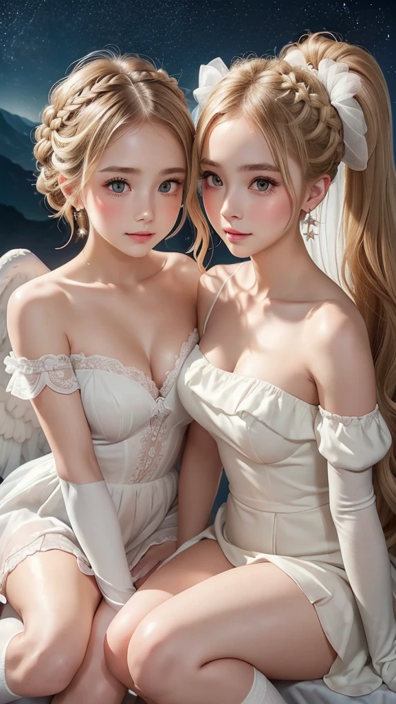 (Two beautiful girls:1.3), ((Best Quality)), ((masterpiece)), (detailed), (French braid), (blonde hair), Romantic low bun, Elbow gloves, Small breasts, vintage slip, knee high socks with frill, (Blushed), (cheek:1.3), shame, Confused, earrings, Silky white skin, Thin eyebrows, (angel halo over the head:1.1), (angel's wing), dark background, stars, moon