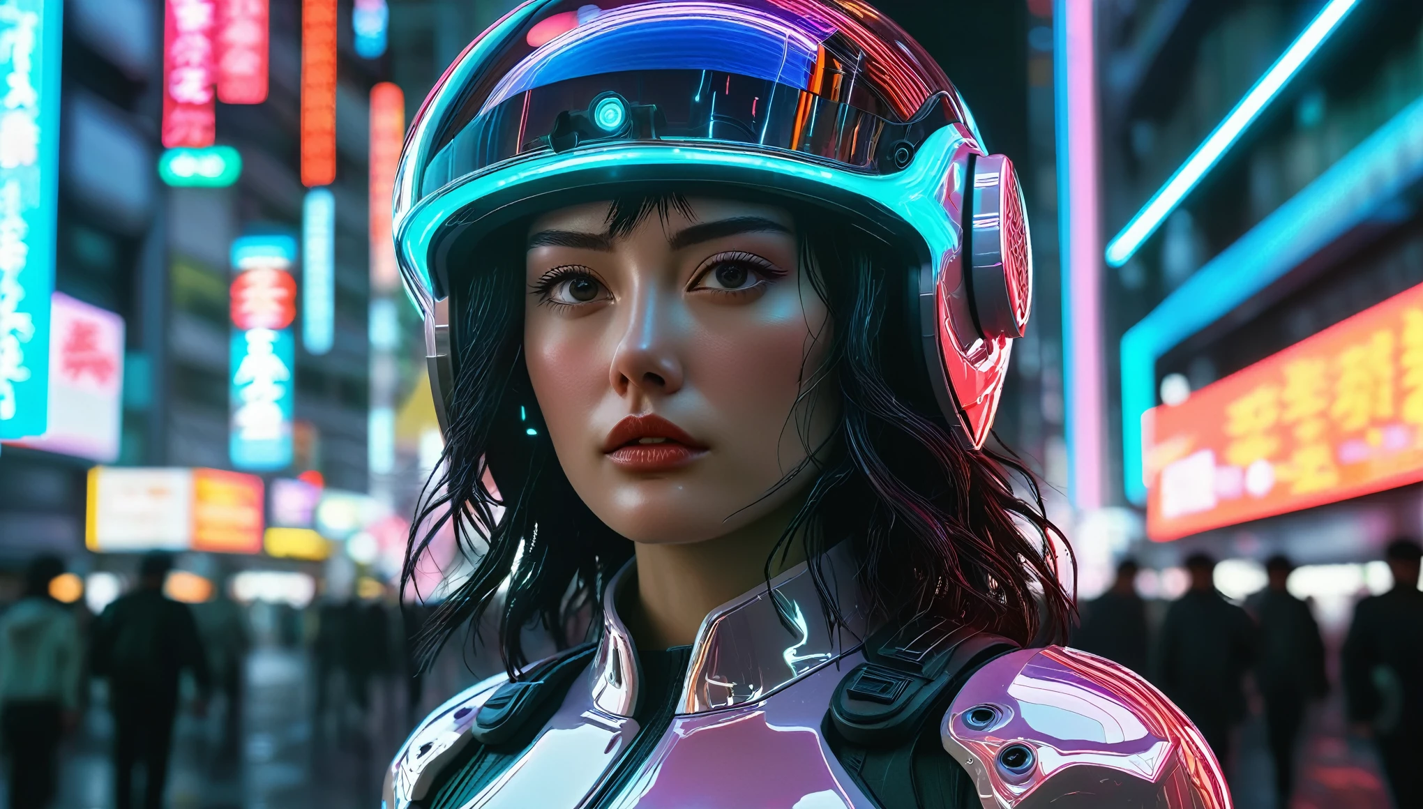  A beautiful woman，Wearing a translucent holographic helmet, Redshift style 35mm F2, day time, Cyberpunk City Neo Tokyo, Neo Hong Kong, ghost in the shell, cinematographic lighting, volumetric lighting, Criminals who delay, ( high contrast:1.2), Reflections, 8K,  Hyper realistic , focused, incredible detail, Unreal Engine 5, cinematographic,  octane rendering ,  ray tracing, landscape, detailed simon stalenhag landscape