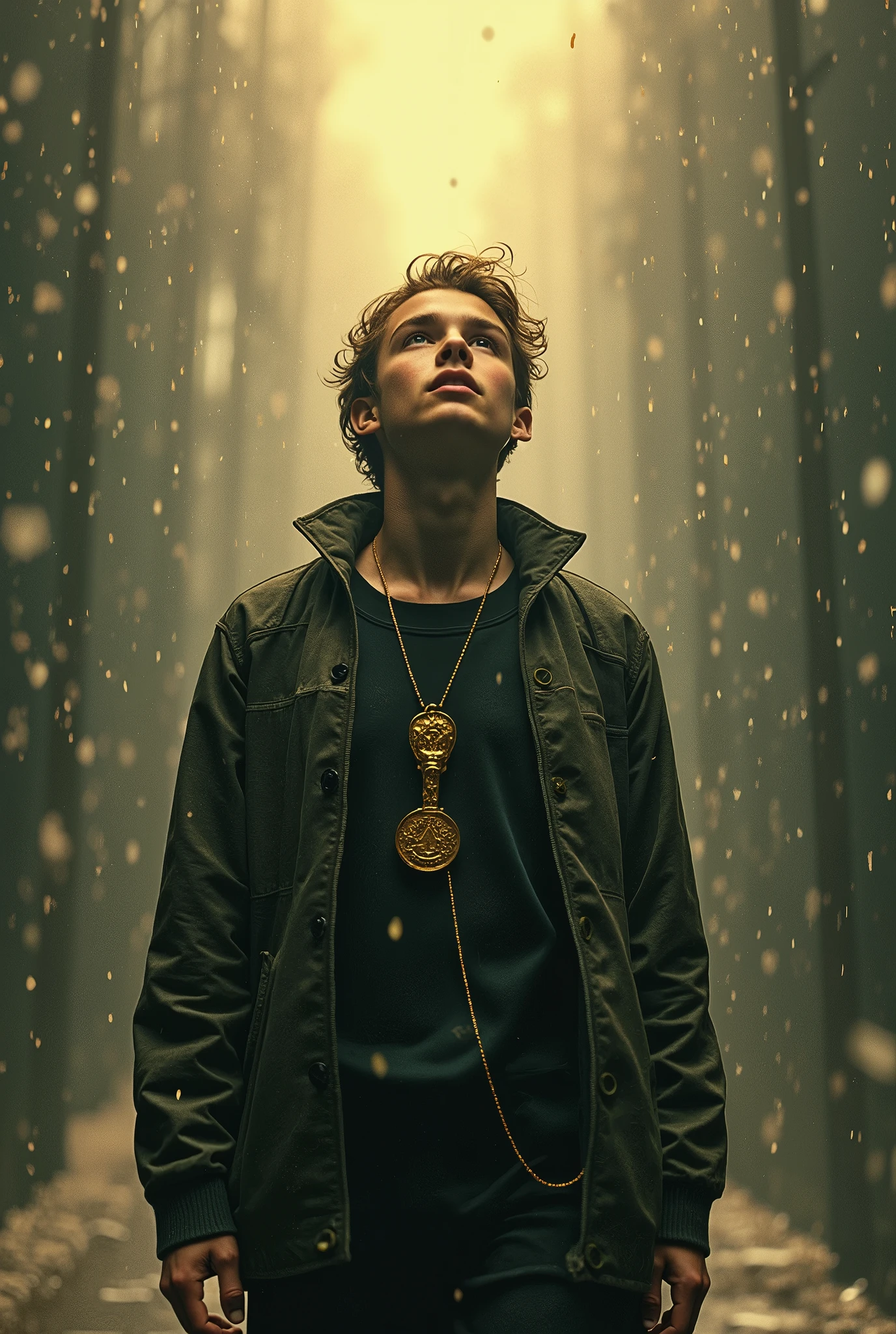 There is a man standing in a forest with a necklace on - SeaArt AI