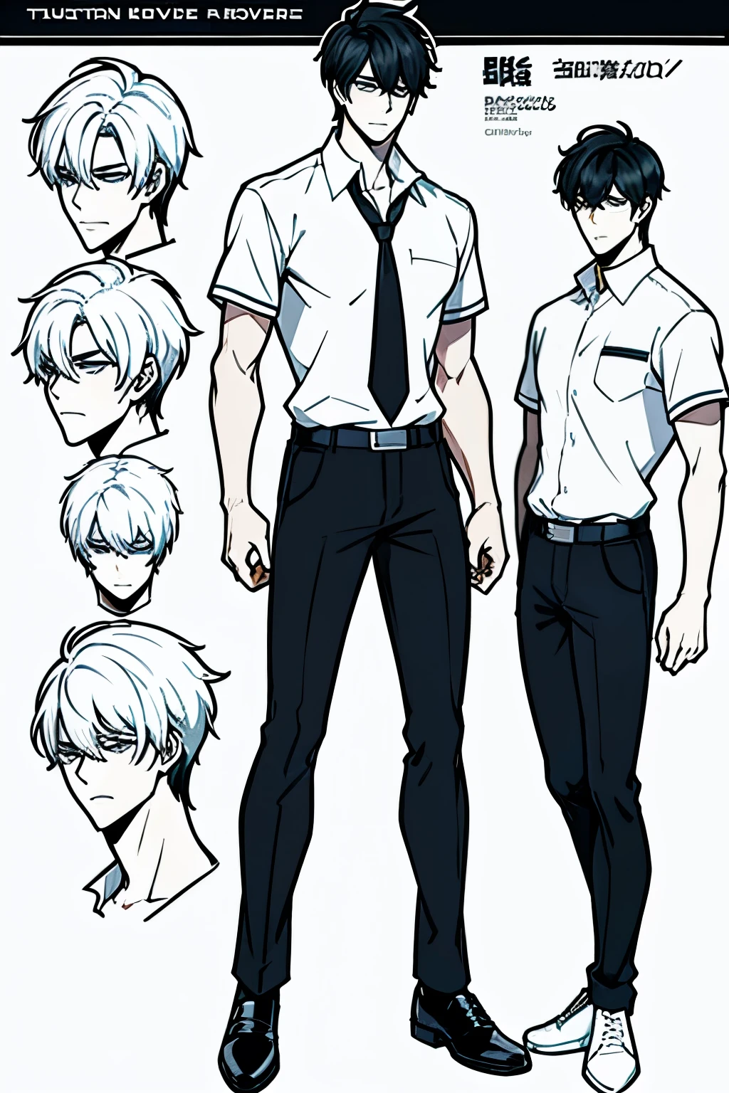 Go Eunhyuk from the Webtoon called Operation True Love, concept art, character concept, handsome main character, white shirt with short sleeves, black pants, white shoes, ((school uniform)) full body, character sheet