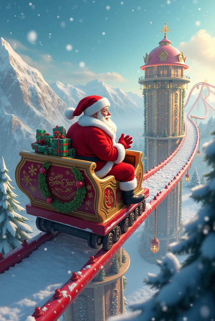 Santa riding a giant, festive rollercoaster, carrying a sack of gifts ...