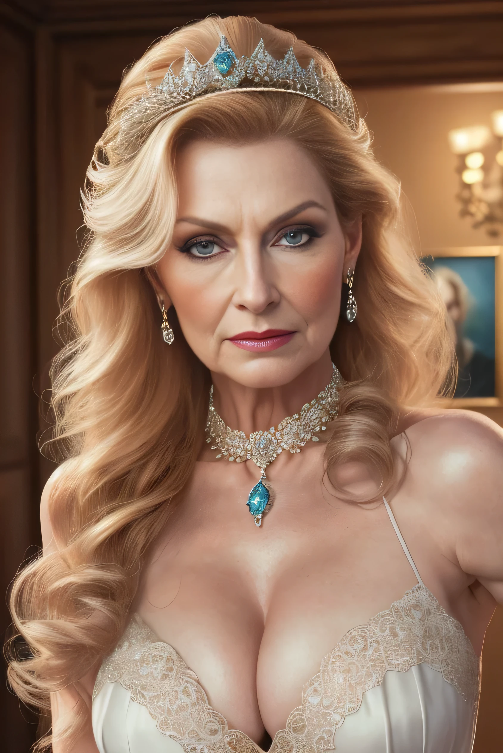 ( best quality,4K,8k, High image quality, upper body, artwork :1.2), People sharing very detailed fun 々 ,(Realistic,photoRealistic,photo-Realistic:1.37), Hall for people 60 and over々Barrel Madame, queen ,Dominant Expression , ( Nancy Patricia D ................'Alexander Pelosi:1.1), Elegant People for Mature Women Over 60 , Rich curves, Wrinkled face , short hair , Intense aura, Sublime Dominance, real faces using AI technology , lingerie in various colors , In the bedroom, In the garden, See transparent lingerie , Wearing panties, Makes Bras Visible , good, I' I'm looking forward to it , Show me your ass from behind