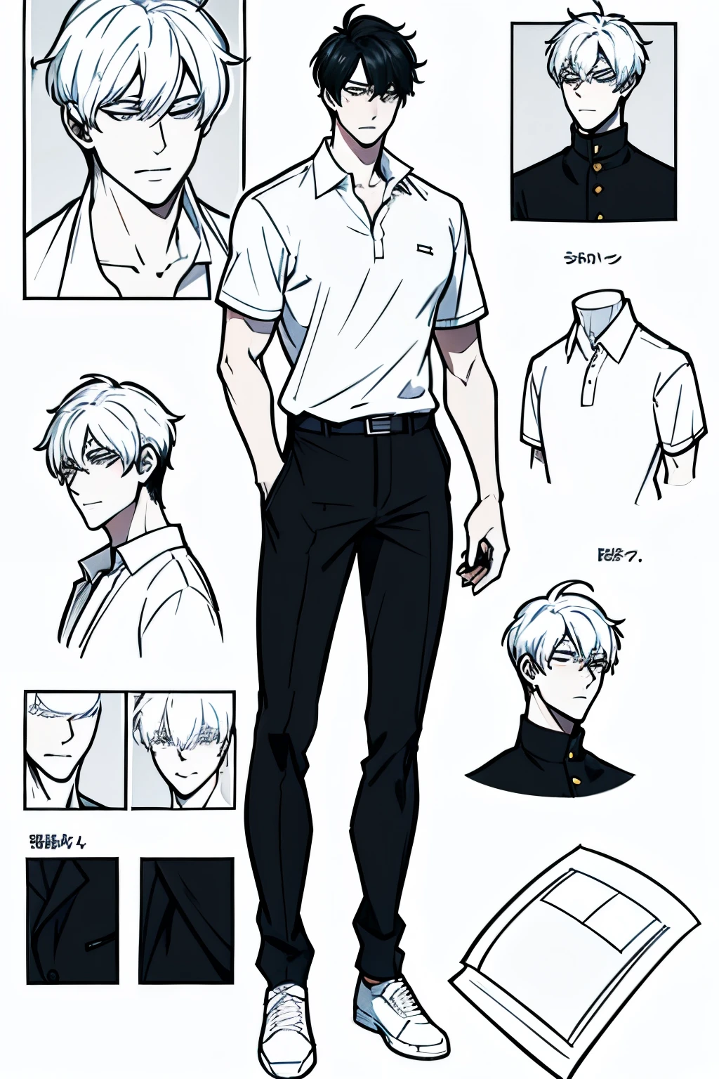 Go Eunhyuk from the Webtoon called Operation True Love, concept art, character concept, handsome main character, white shirt with short sleeves, white polo, black unifrom blazer on his shoulders, black pants, white shoes, ((school uniform)) full body, character sheet