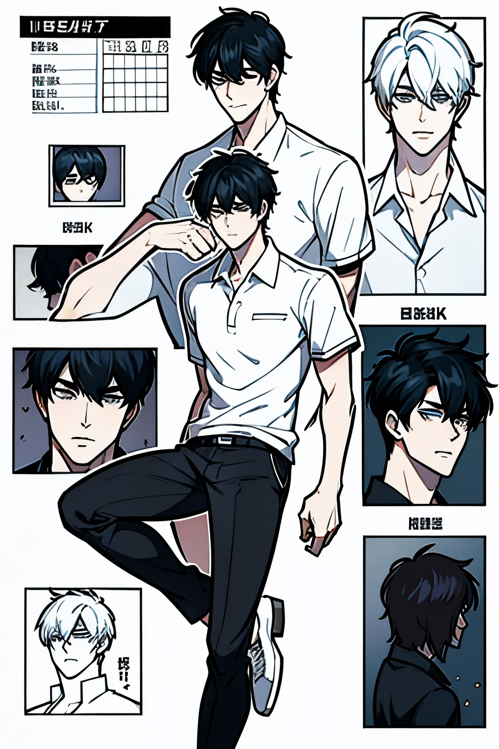 Go Eunhyuk from the Webtoon called Operation True Love, concept art, character concept, handsome main character, white shirt with short sleeves, white polo, black unifrom blazer on his shoulders, black pants, white shoes, ((school uniform)) full body, character sheet