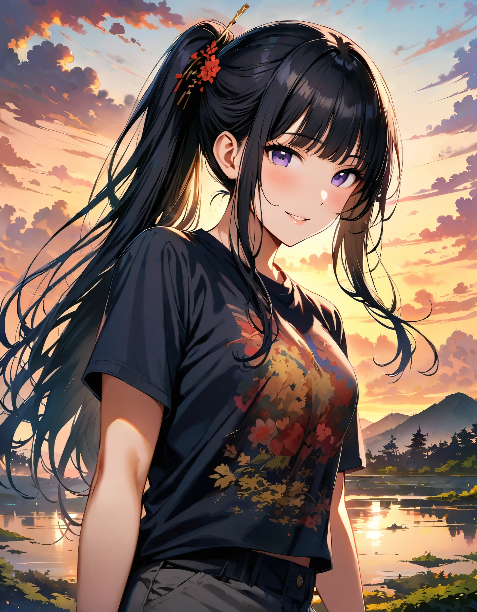 Silhouette of a girl, Lots of Japanese scenery , Modern Japanese Landscape, close, Double Exposure, Gradient Background, (((woman))), ((20 years old)), ((masterpiece)),(best quality),extremely detailed CG,unity 8k wallpaper,ultra detailed,beautiful detailed eyes,extremely detailed face,smile,black hair,sidelocks,blunt bangs,purple eyes,white eyes,no pupils,((joger pants)), (t-shirt), hinata(shippuden), ((hiori kazano)), idolmaster, Detailed eyes, long hair, ponytail, half updo, hair ornament,, (sweet woman), manwha style, cowboy shot, epic realistic